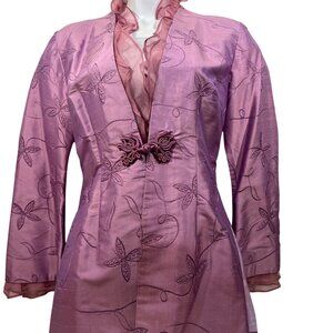 ASIAN style silk jacket Ruffle neckline frog closure PINK Women XS M